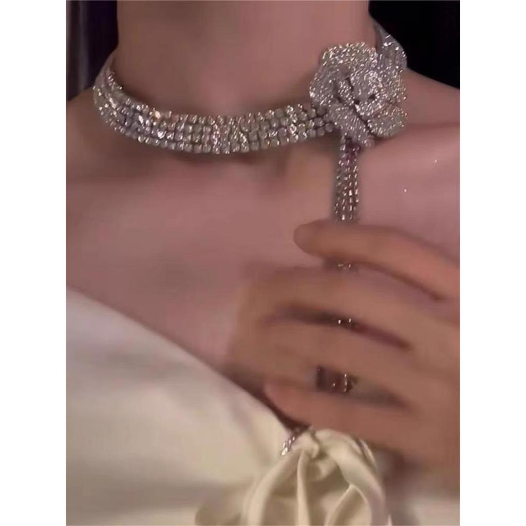 Tooxika Full Diamonds Multi-layer Flash Diamond Flowers Tassel Collar Light Luxury Bridal Wedding Dinner Necklace Women