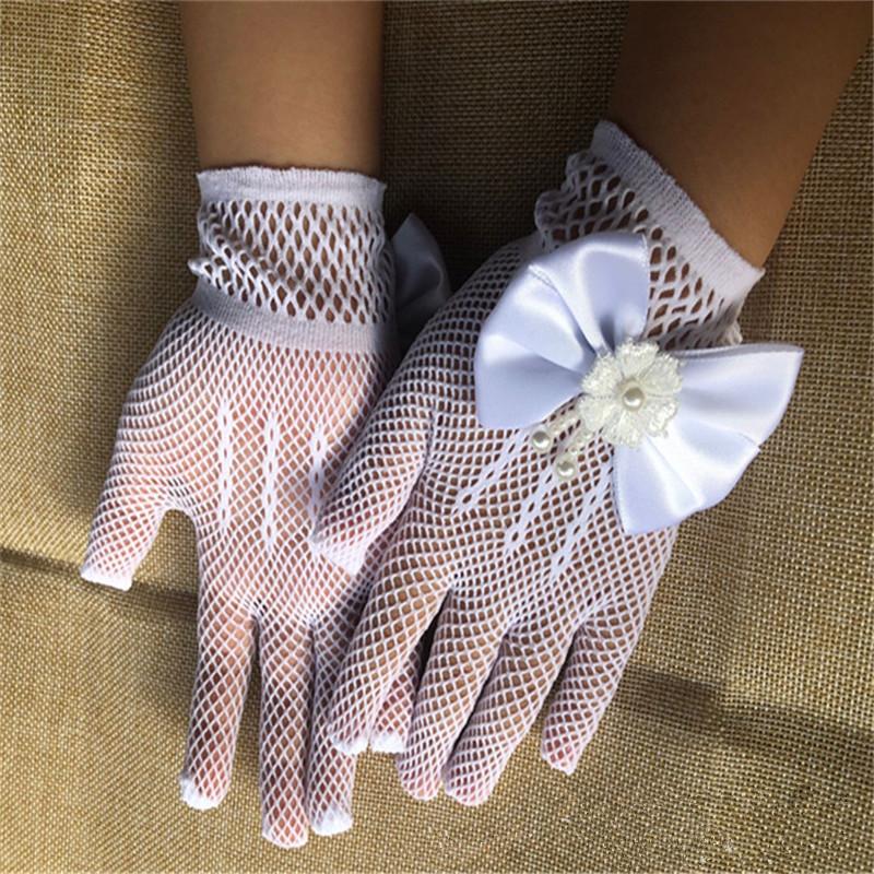 White Princess Wedding Gloves for Girls Mesh Evening Children's Holiday Accessories with a Bow Birthday Performance Gloves