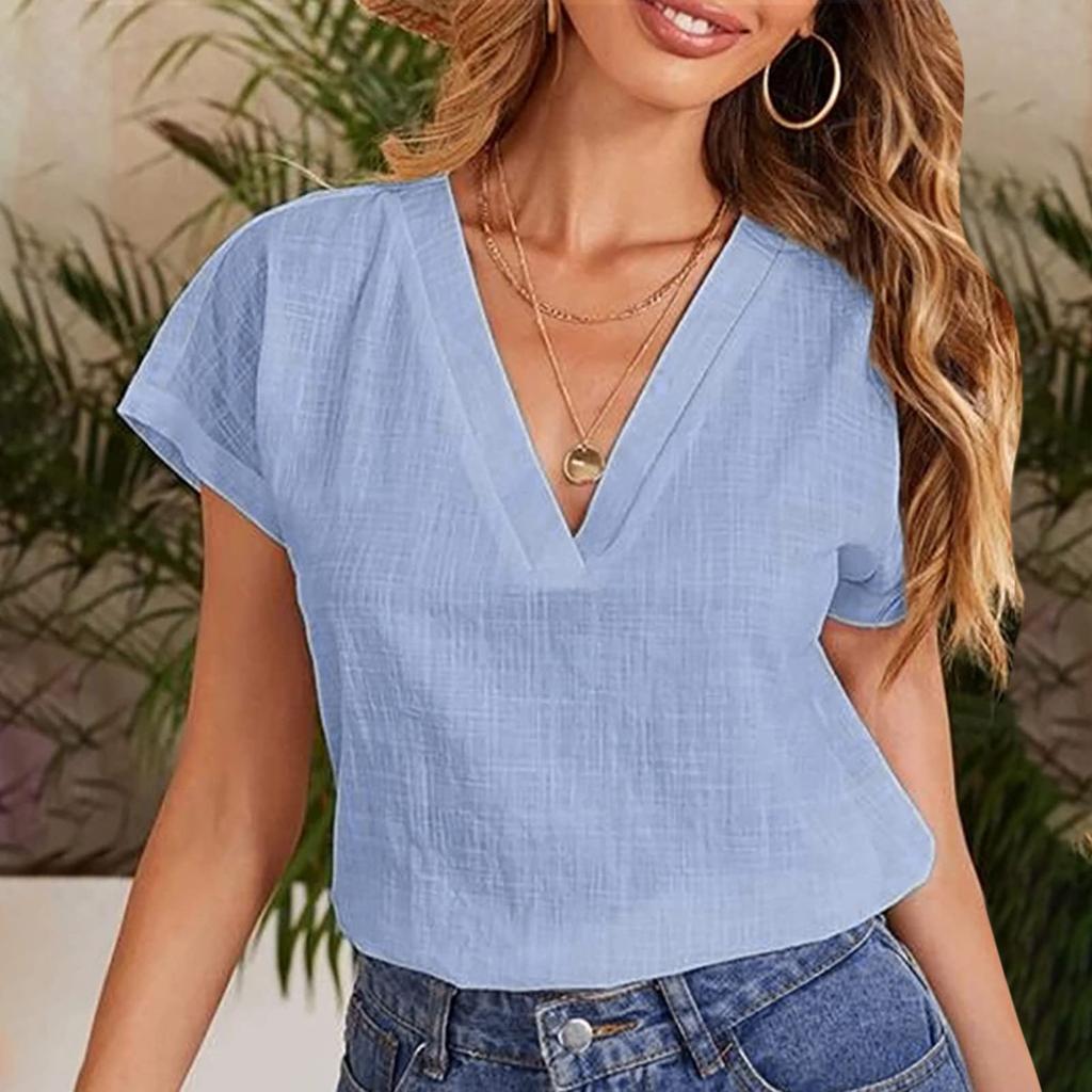 Women's Fashionable Cotton Linen Loose V-Neck Short-Sleeve Top