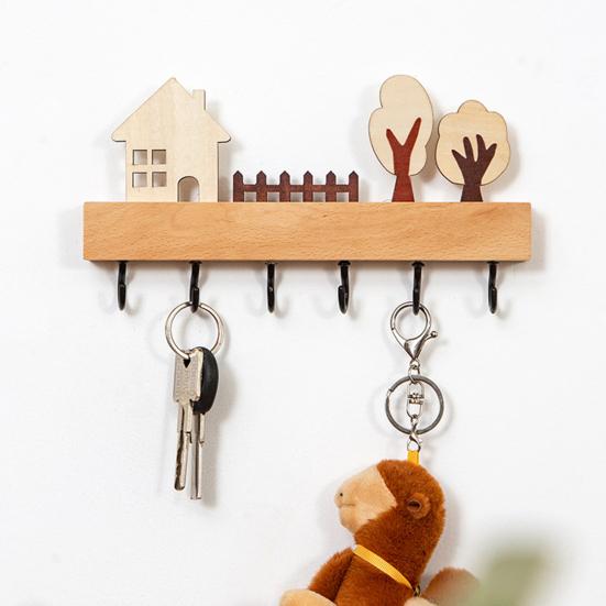 Rustic Wood Key Hanger Hanger with Decorative Wall Mounted 6 Hooks Entrance Key Hanger for Keys