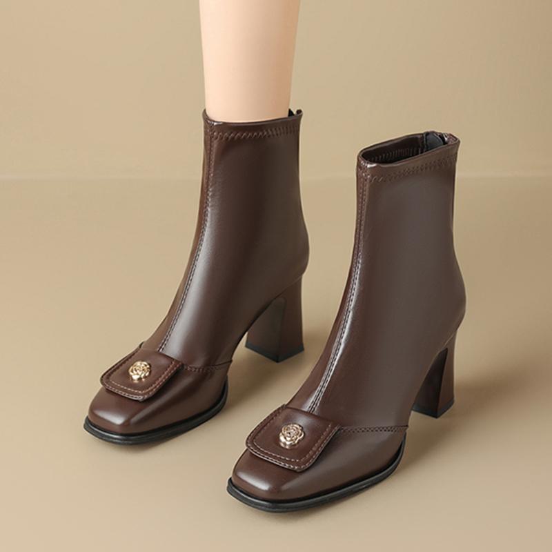 Fashion French Retro Square Toe Black Ankle Boots Women 2025 Winter Elegant High Heel Chelsea Boots Metal Decoration Designer Shoes 42