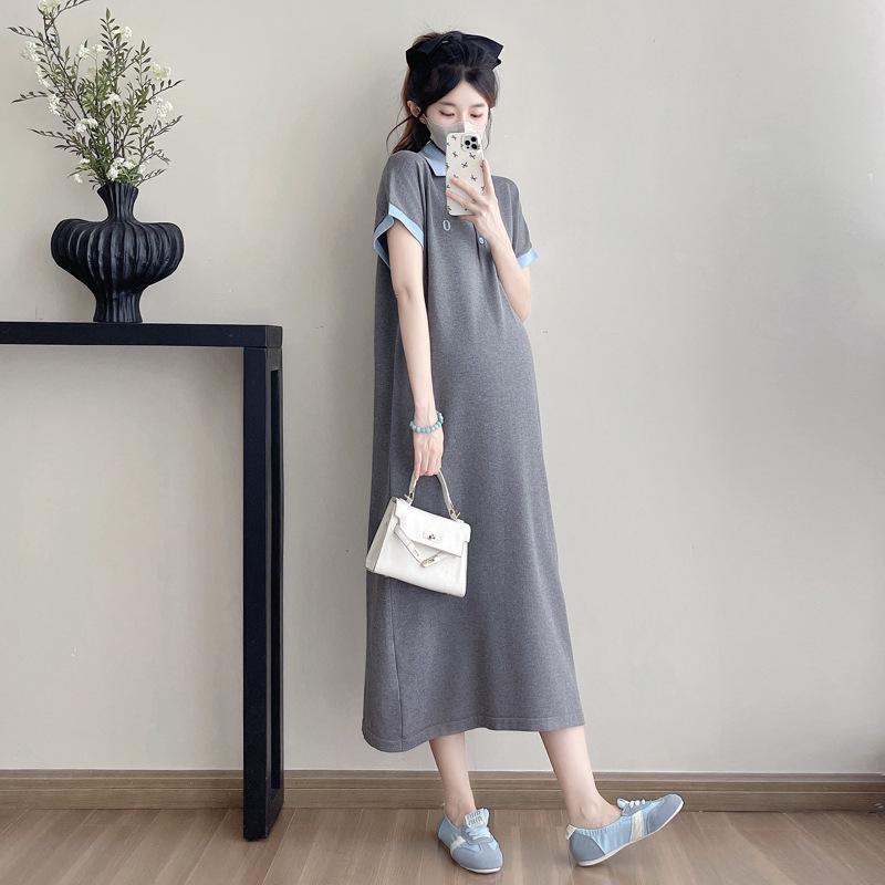 2026 Summer Maternity Dress: Color Block Polo Collar, Short Sleeve, Loose Fit, Slimming, Embroidered. L