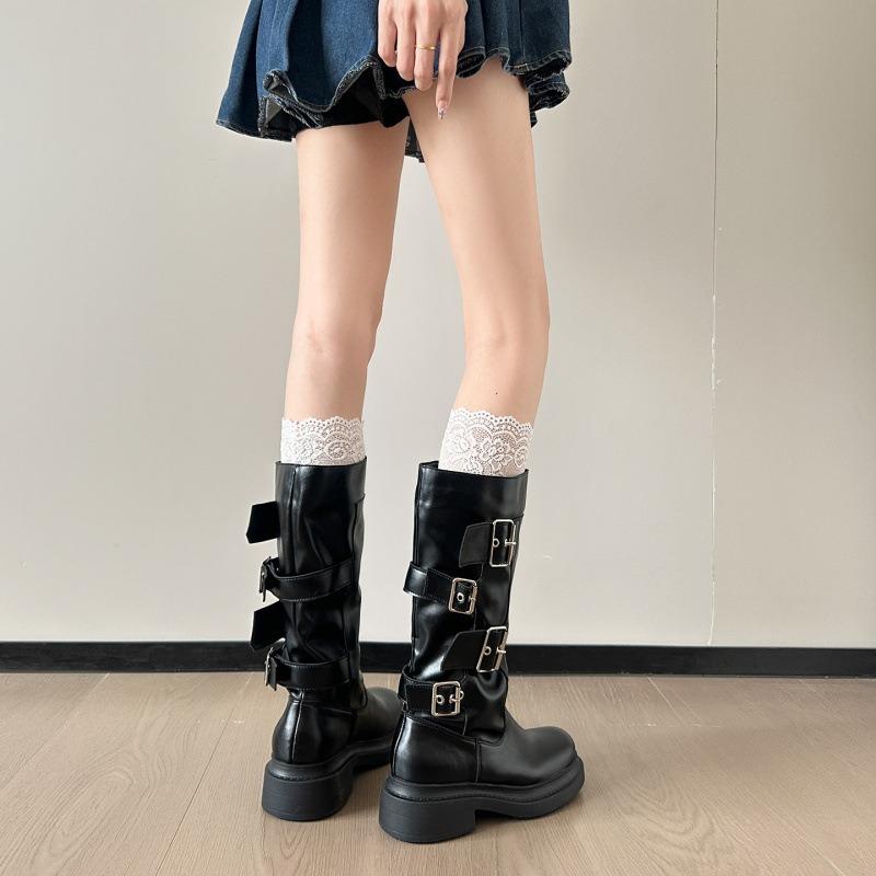 Cowhide version~ Genuine leather thick-soled medium boots women's autumn thick-heeled knight boots belt buckle Martin boots slim motorcycle boots