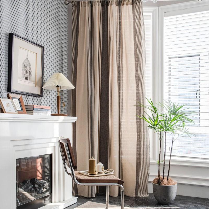 Cotton Linen Stripe Kitchen Curtain Semi-Sheer American Style Cafe Window Treatment Dining Room