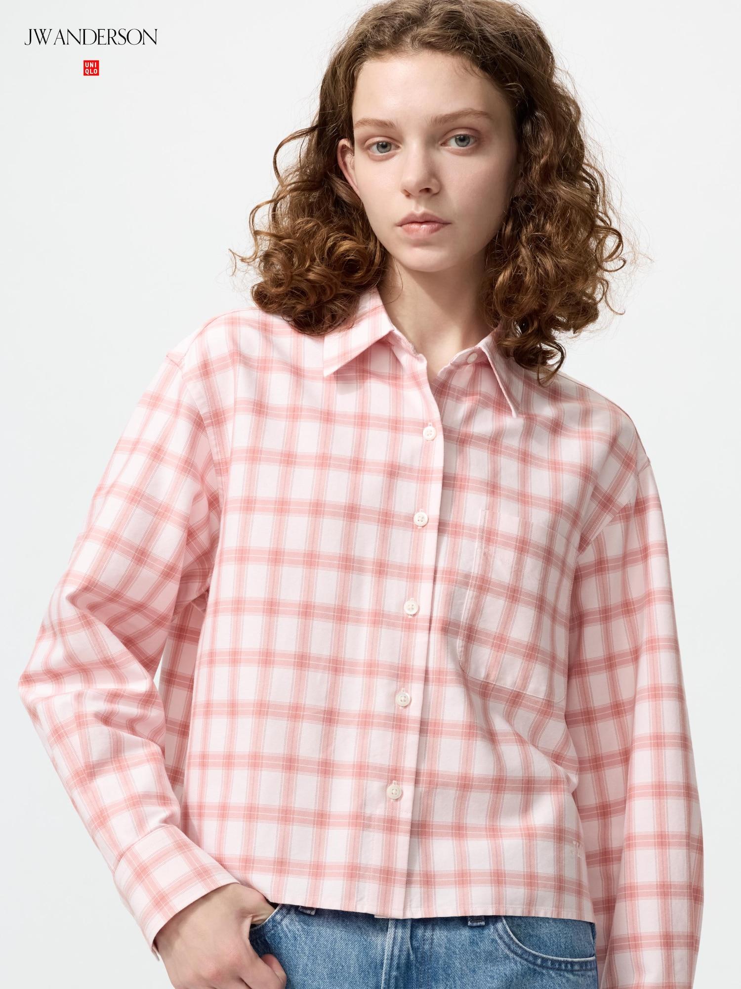 Uniqlo Оксфордская рубашка бокси, длинный рукав, клетка 12 PINK/WOMEN XS