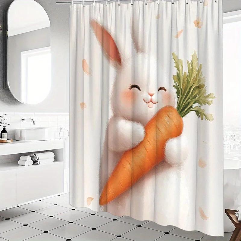 

Cute Bunny With Carrot Shower Curtain - Water-Resistant, Easy To Clean, Adds A Sweet And Whimsical Touch To Your Bathroom Decor W60H190(CM)-1 Pcs