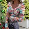 Women's Winter Slim-Fit Base Layer T-Shirt Fashionable Christmas Print V-Neck Pullover Long-Sleeved Top