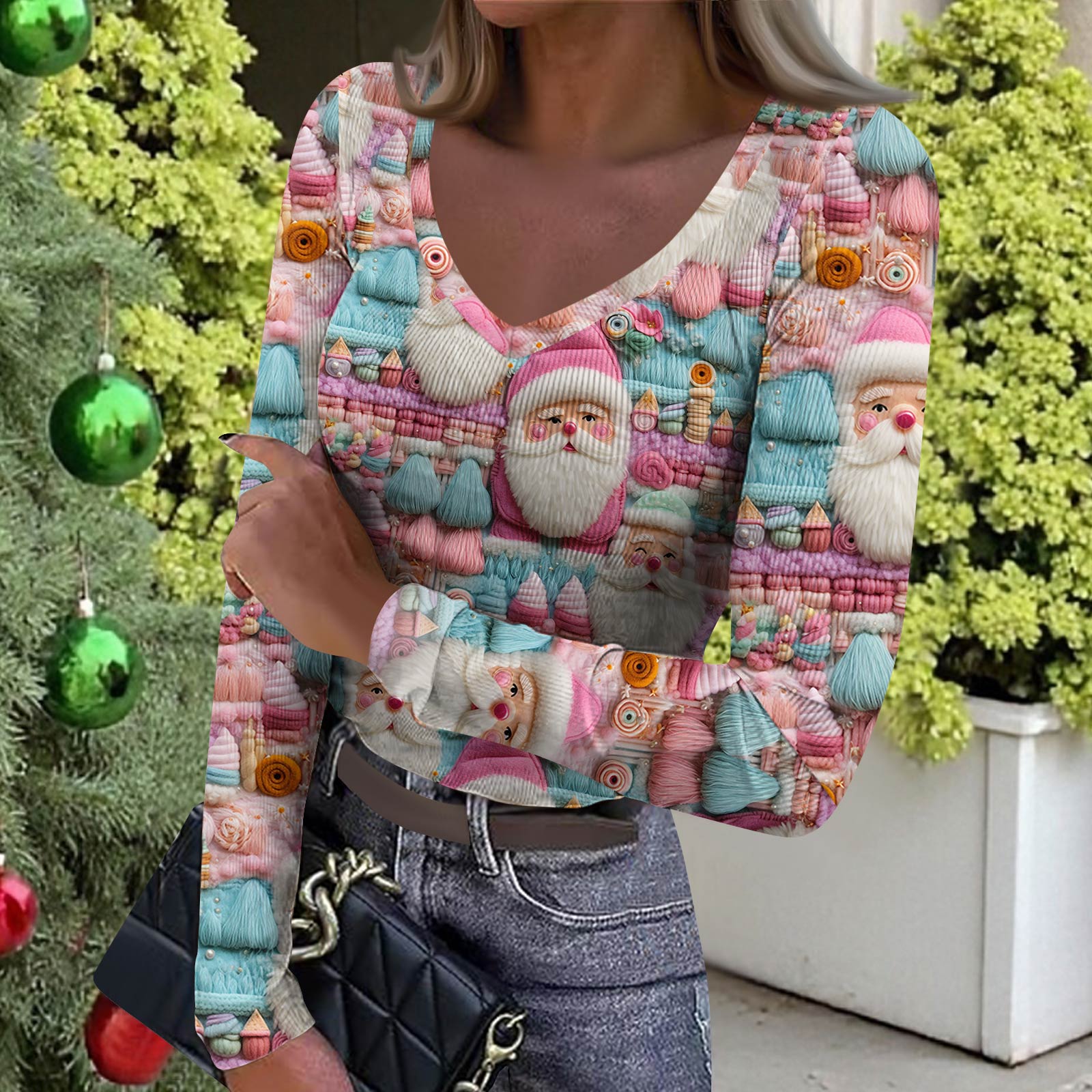 

Женская зимняя облегающая футболка-базовый слой, модный рождественский принт, V-образный вырез, пуловер, топ с длинными рукавами XXL