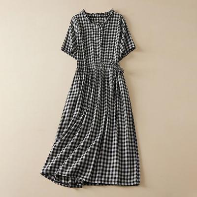 Summer Cotton Hemp Art Retro Loose Tie Waist Slimming Shirt Medium Length Dress for Women