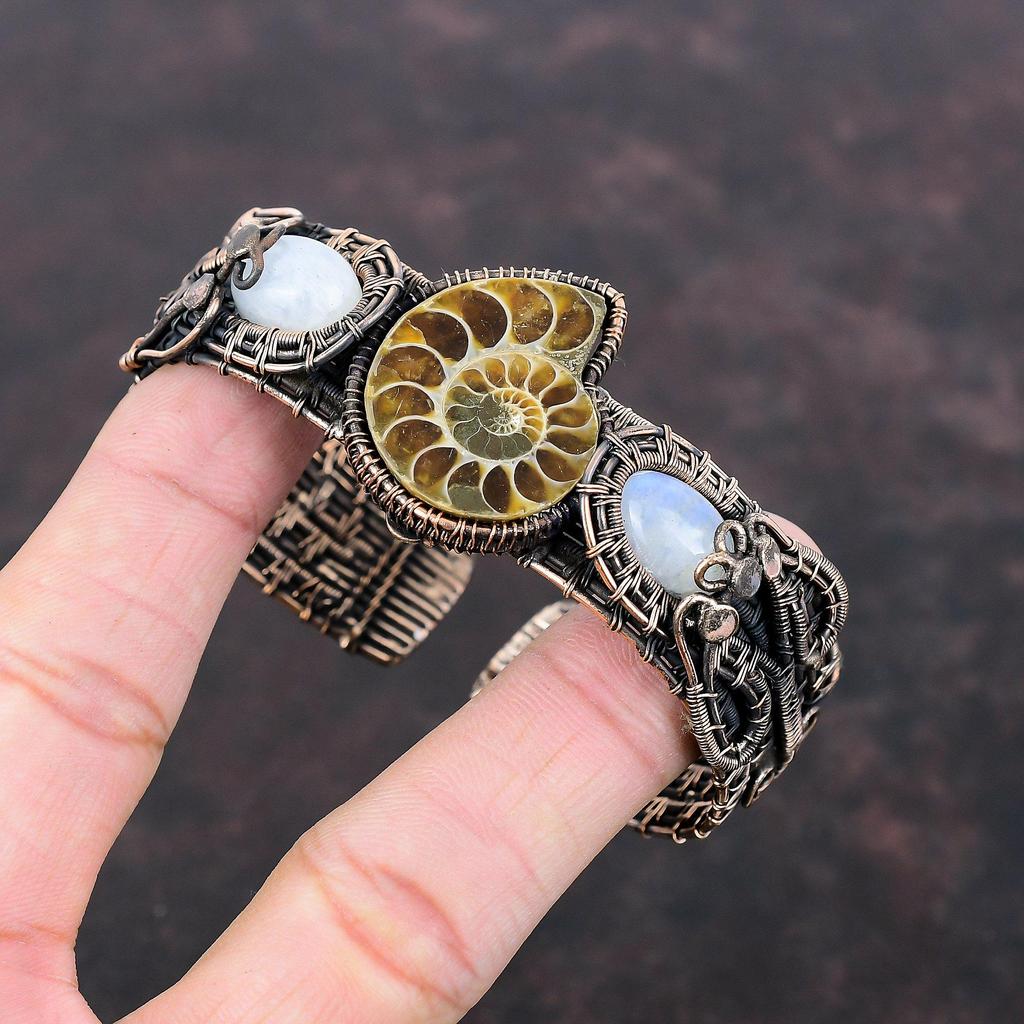 Ammonite Fossil Cuff Bracelet Copper Wire Wrapped Gemstone Bangle Rainbow Moonstone Cuff Bracelet Adjustable Bangle Handmade Copper Jewelry