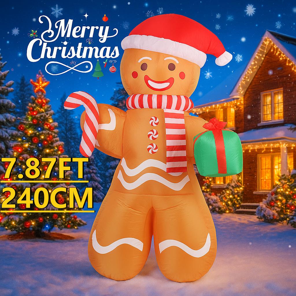 7.87FT Yard Party Decoration Inflatable Gingerbread Man Candy Cane Gift Box Toy LED Xmas Supplies Home Ornament Christmas Gift
