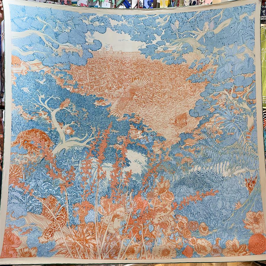 POBING Silk Cashmere Scarf Women Hand Rolled Foreast City Print Square Scarves Wraps Bandana Big Hijabs Female Foulard 135CM