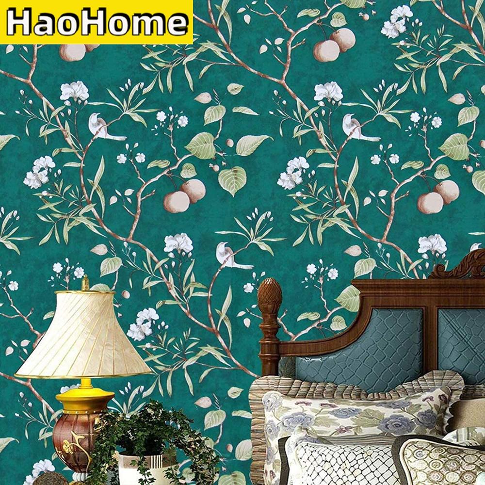 

HaoHome Обои самоклеящиеся под персиковое дерево, зеленые, современные, с рисунком цветов и птиц, водонепроницаемые, съемные 1mx45cm