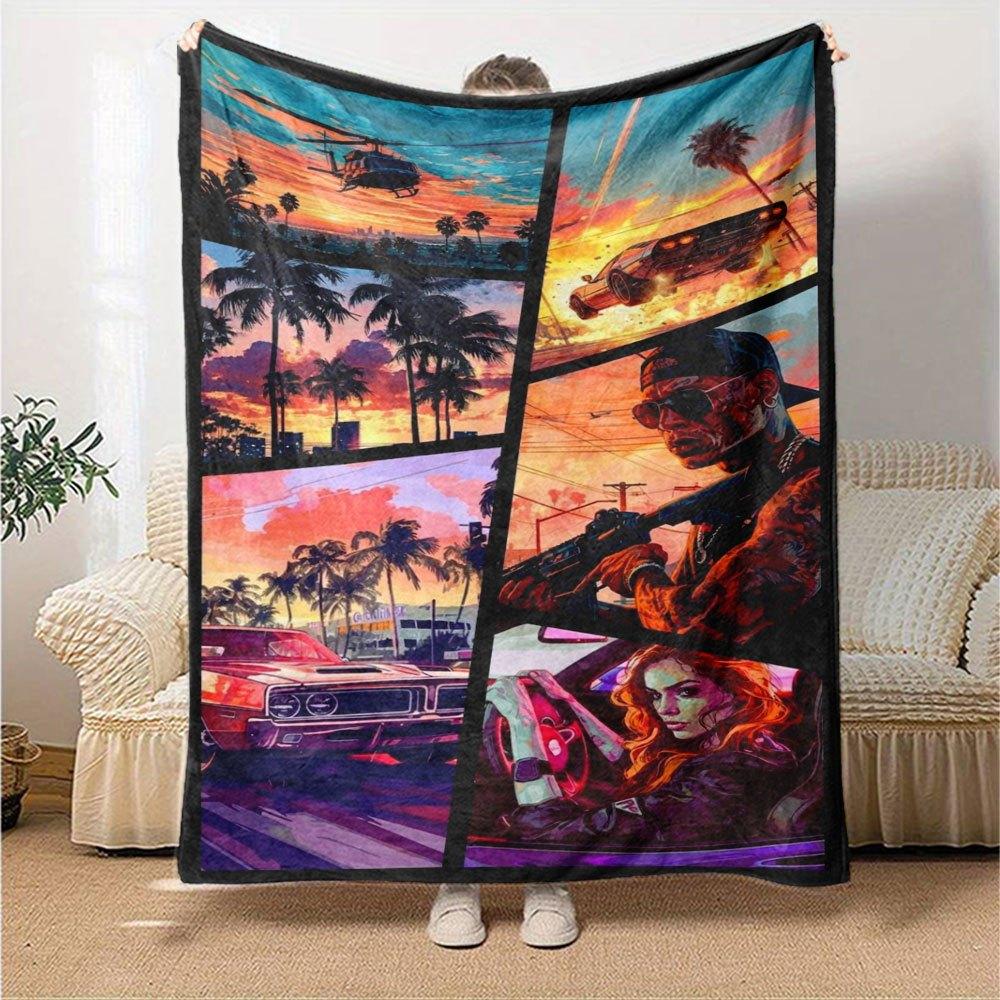 1 pezzo Coperta Morbida in Flanella Grand Theft Auto con Stampa di Designer Una coperta accogliente per tutte le stagioni, perfetta per il divano, il letto, l'ufficio