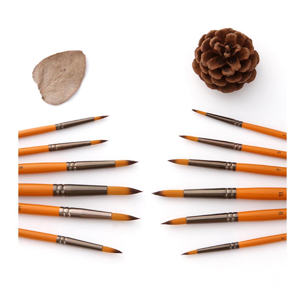 12pcs Professional Artist Paint Brushes Set Round Pointed Tip Wooden Handle Nylon Hair Paintbrush