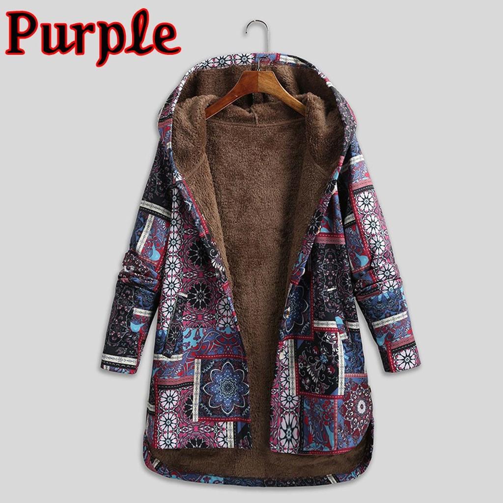 Womens Winter Warm Outwear Print Hooded Pockets Vintage Oversize Coats