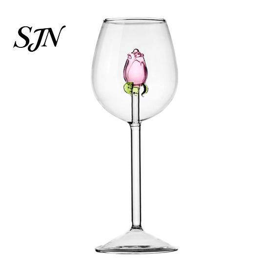 Bicchieri di Lusso per Feste Bicchiere da Vino Rosso con Rose e Foglie Verdi Decorato, Calice Trasparente Squisito Design Floreale, Bicchiere Decorativo,