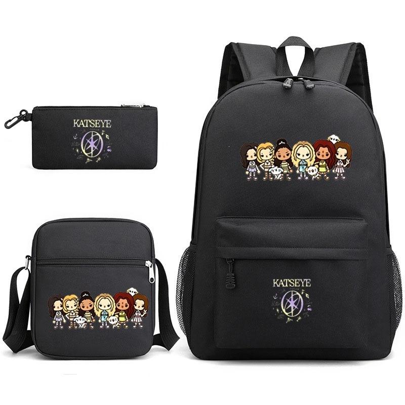 Katseye Music Gruppo di Ragazze Zaino Scolastico Borsa Pranzo Astuccio Set per Studenti Cartone Animato 3-in-1