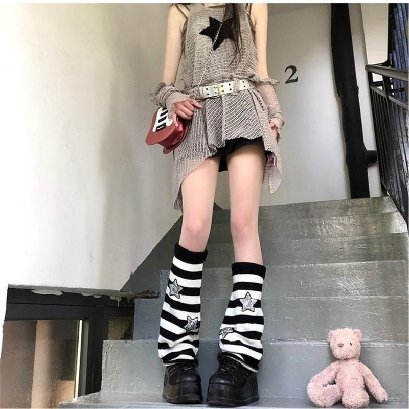 Girls Lolitas Leg Warmers Y2K Star Knitted Flared Leg Sleeves Goth Baggy Cuffs Ankle Heap Socks JK Uniform Foot Cover