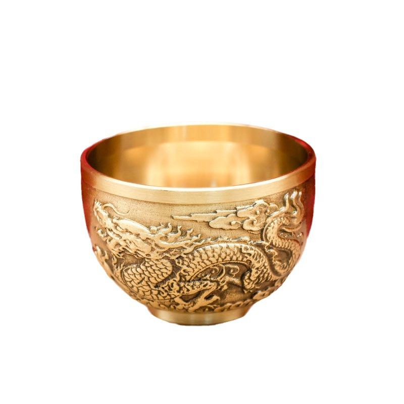 Brass Dragon & Phoenix Cup: Embossed Tea Mug with Hundred Blessings Design - Office Treasure Gathering Basin Ornament
