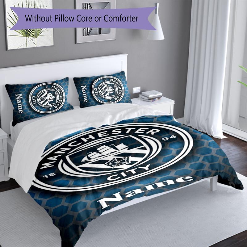 3pcs Custom Name Manchester City F.C Set,Includes 1 Duvet Cover and 2 Pillowcases,All-season Bedroom Decor