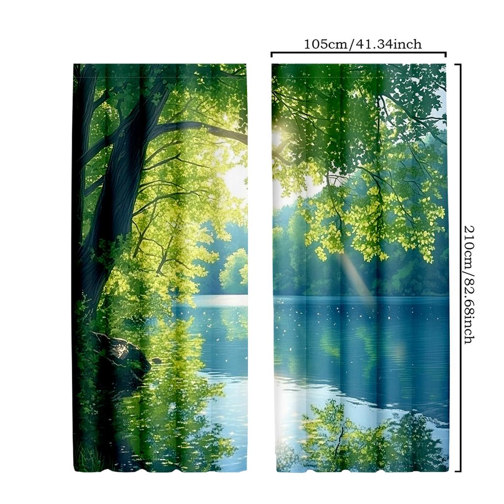 2pcs Green Lake Forest Curtains - Serene Water & Tree Scene Window Treatment for Bedroom   Living Room   Kitchen   Office Home Deco