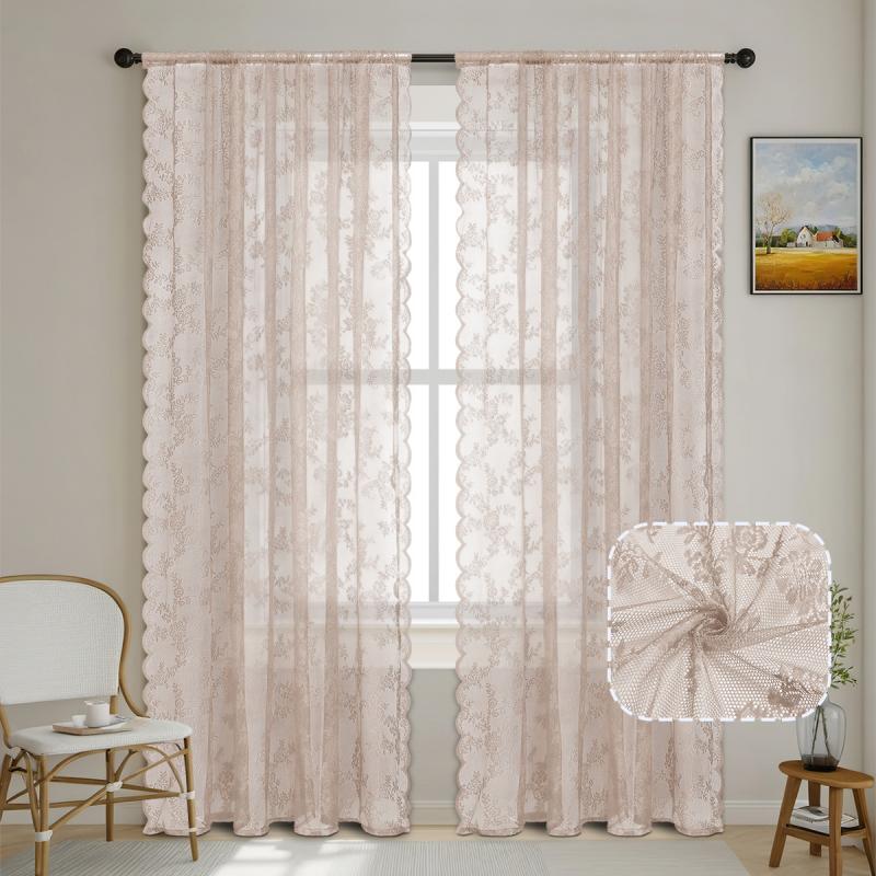 Warp Knit Lace Trimmed Rod Pocket Sheer Curtains Outdoor Ready To Hang Scalloped Valance Romantic Home Decor