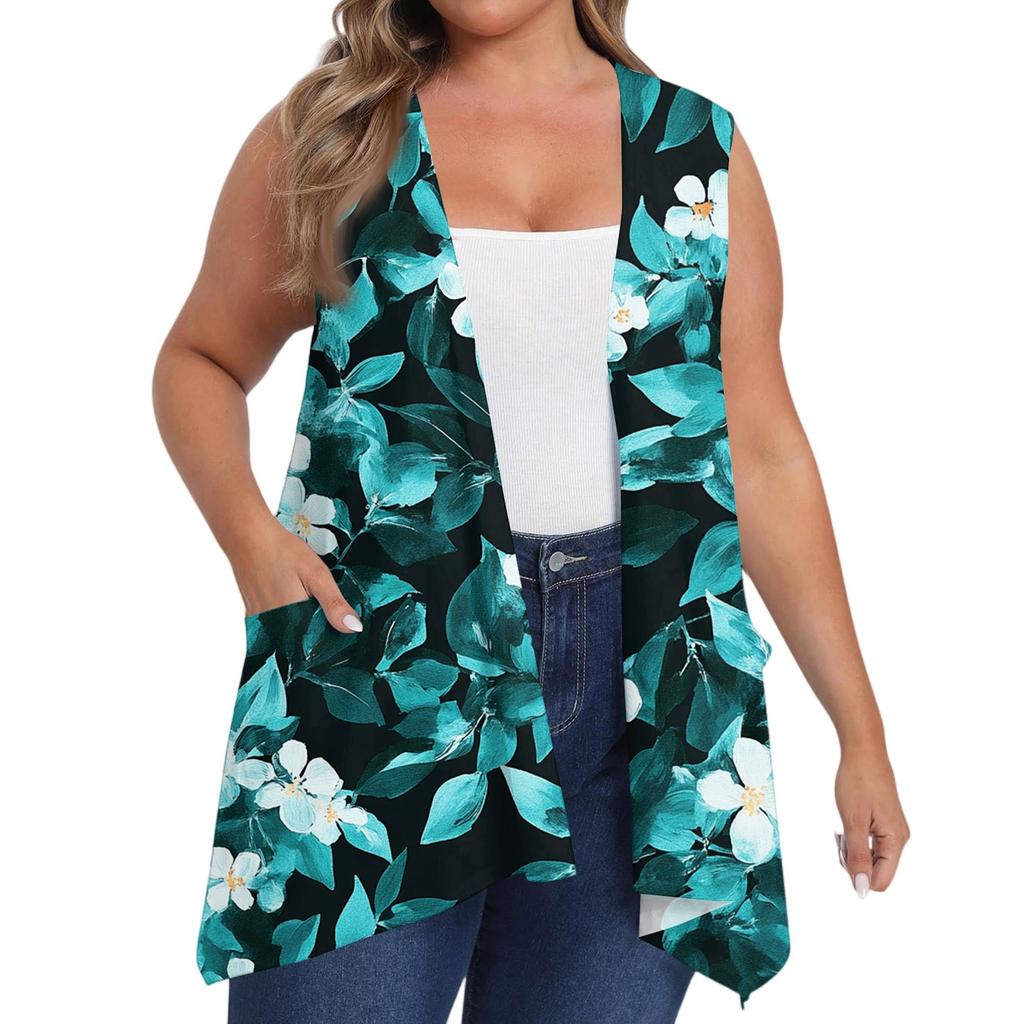Women's Oversized Loose Casual Printed Sleeveless Vest With Pocket Cardigan Jacket Cardigan Jacket