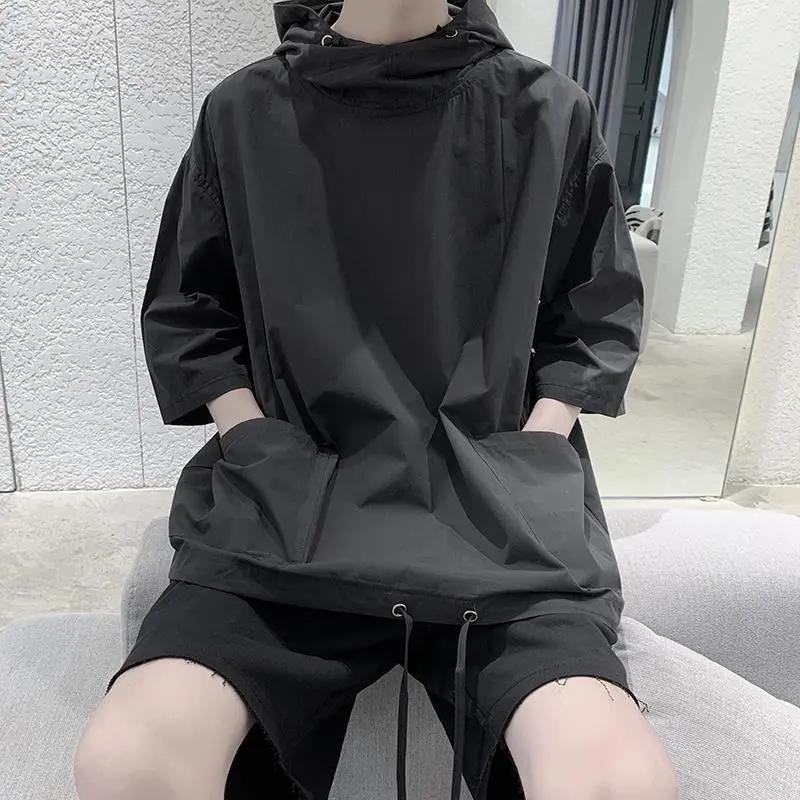 Men's Summer Casual Short-Sleeve T-Shirt Minimalist Hooded Korean-Style Workwear Top