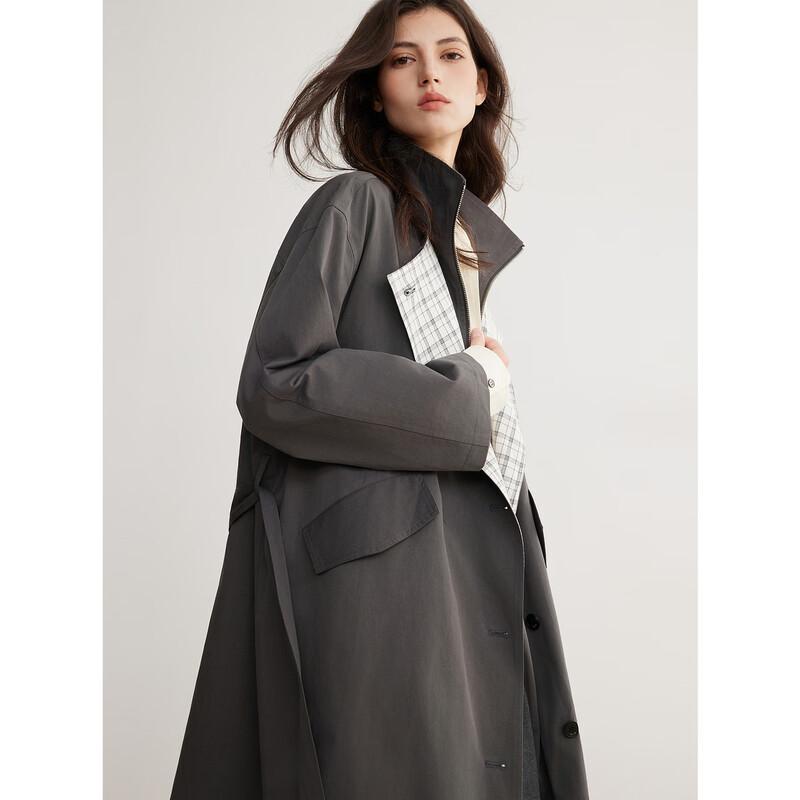 ELLE French Plaid Patchwork Mid-Length Trench Coat L
