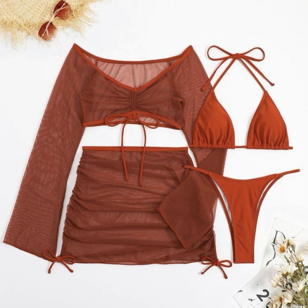 Women's European & American Sexy Solid Color Bikini Swimwear Four-Piece Set