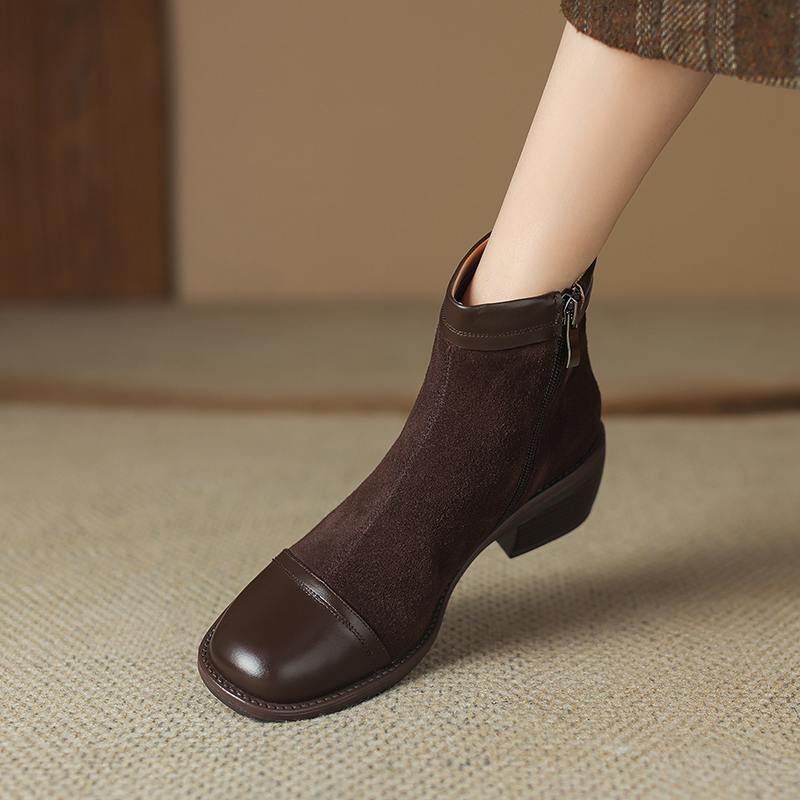 Krazing Pot Cow Skin Cow Suede Winter Square Toe Thick Heels Chelsea Fashion Boots Women Zipper Patch Work Women Ankle Boots