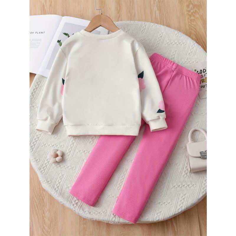 Girls' Autumn and Winter Set, Girls' Fashion Design Floral Long Sleeve Round Neck Top + Ribbed Slim Fit Pants, Breathable