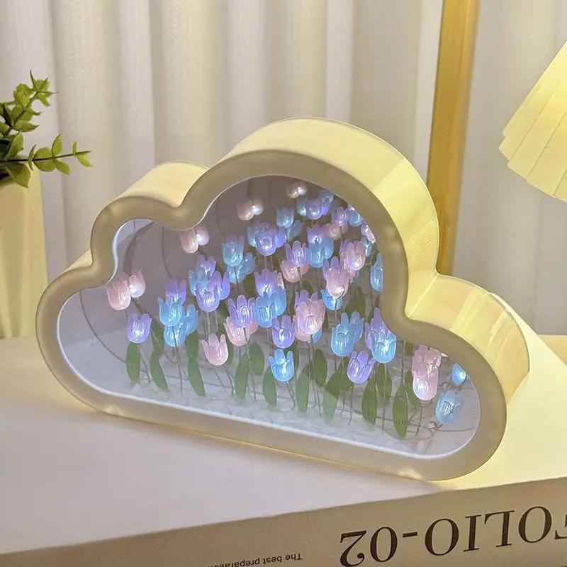 DIY Cloud Tulip Night Light Handmade Material Flower Home Decor Mirror Creative Atmosphere Lamp Valentine's Day Birthday Gift