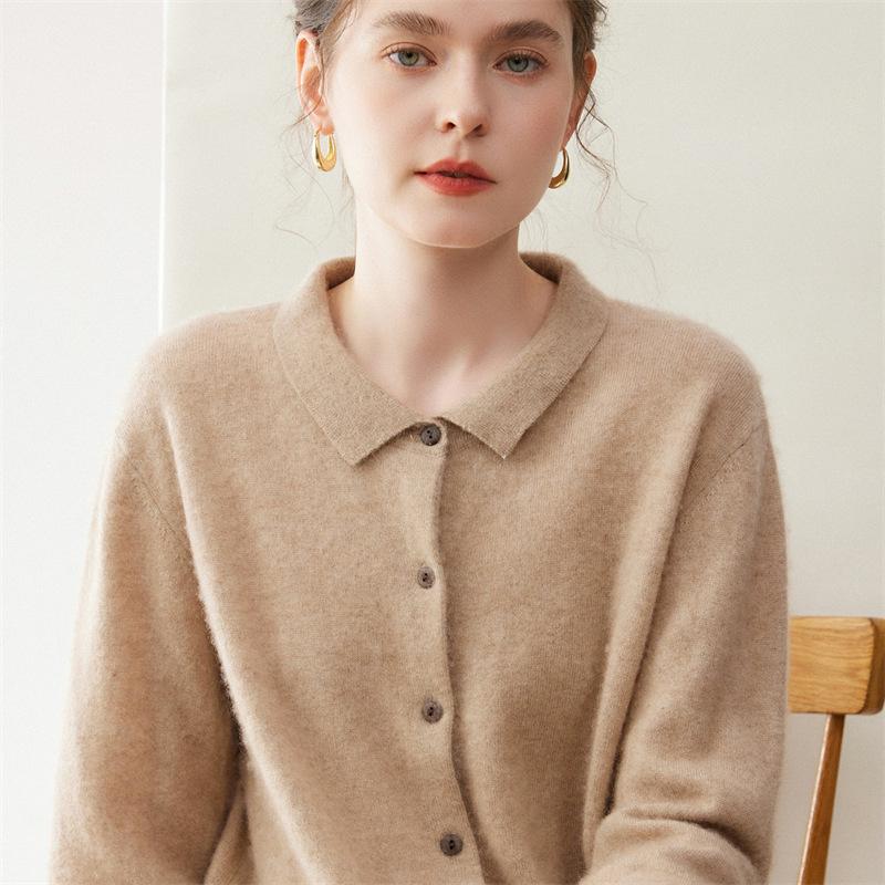 Korean Style V-Neck Cashmere Knit Cardigan with Pockets - Women's Loose Slimming Outerwear