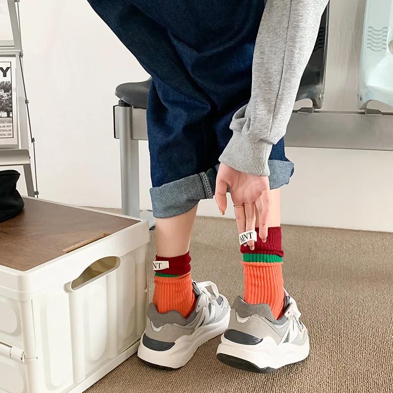 Fashionable and versatile Contrast colored socks women's high top pile up socks Korean version of spring/summer cotton socks
