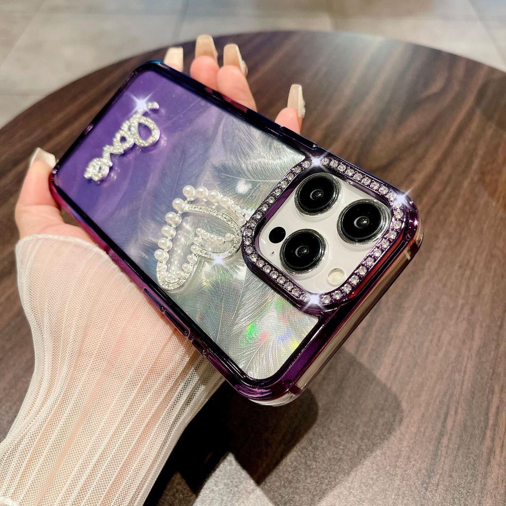 High-end Electroplated Lens with Diamond-encrusted Heart, Suitable for DIY IPhone15Pro Phone Case, Apple 14 Gradient Feather