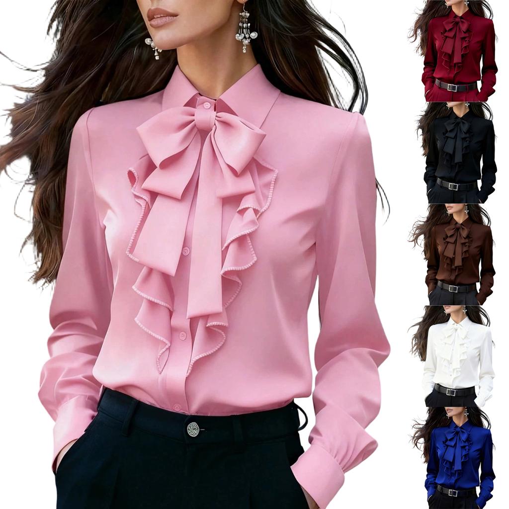 Women's Trendy Color Long Sleeve Blouse with Lapel Collar