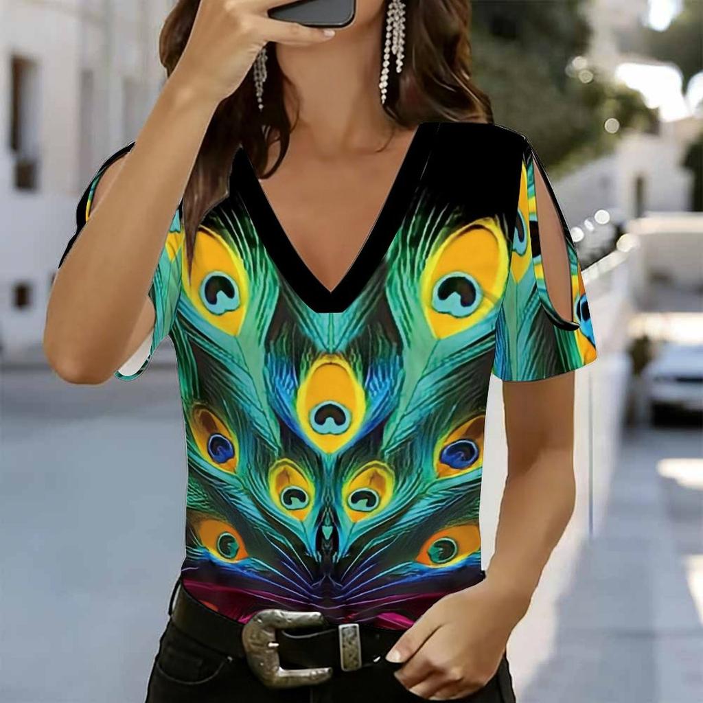 Damen V-Ausschnitt Cold Shoulder Bluse Schwarze Basis Lebendiger Gelb-Grüner Pfauenfederdruck Oberteil