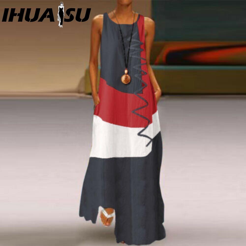 

IHUASU Женские Модные Летние Весенние Платья Без Рукавов с Круглым Вырезом в Повседневном Стиле L серый