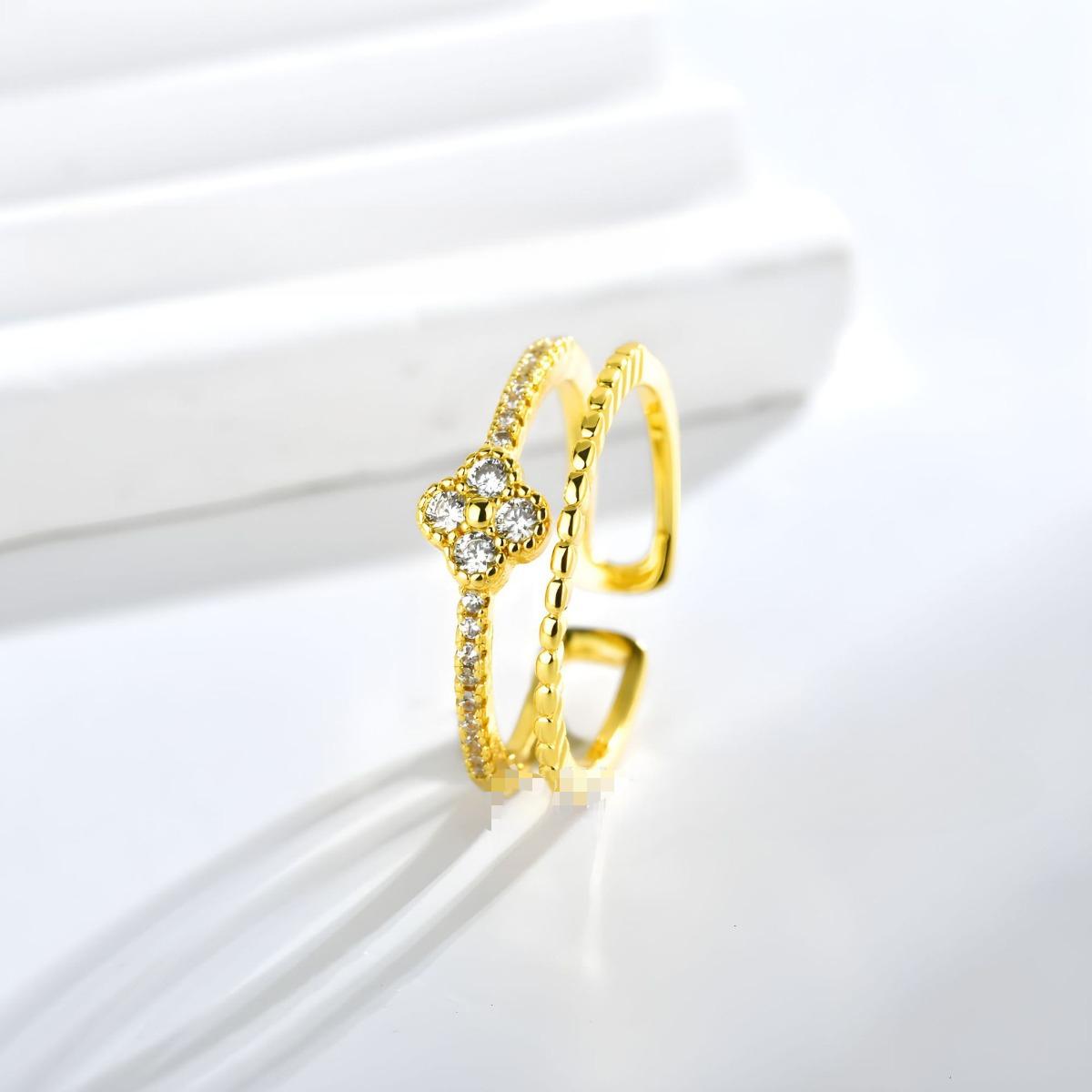 

Новое кольцо с четырьмя листами клевера, модное простое циркониевое двухслойное кольцо на палец, регулируемое женское кольцо золотой