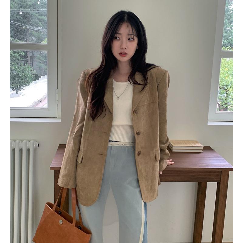 Francuski Retro Elegancki Blazer Damski Jednorzędowy z Klapami Notch i Podwójną Kieszenią