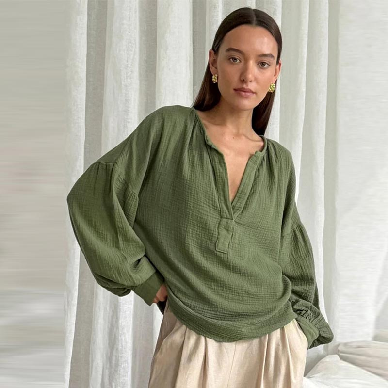 Mode V-Ausschnitt Einfarbig Blusen Frauen Loose Fit Laterne Ärmel Tops Casual Baumwolle Krepp Shirt Frühling Herbst Pendeln Harajuku Stil
