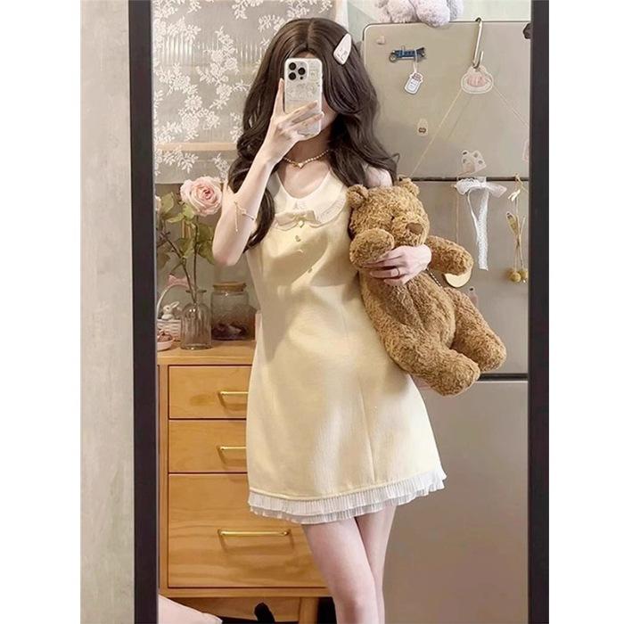 French temperament small fragrant style doll collar sleeveless dress women s summer waist thin rich daughter yellow short skirt S жёлтый