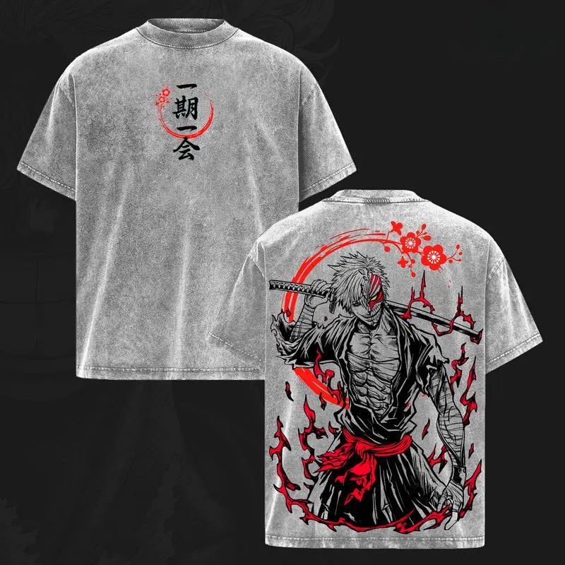 BLEACH Kurosaki Ichigo Manga T-shirt Anime Printed Vintage Washed Oversized T Shirt Summer Short Sleeve Cotton Tees Tops