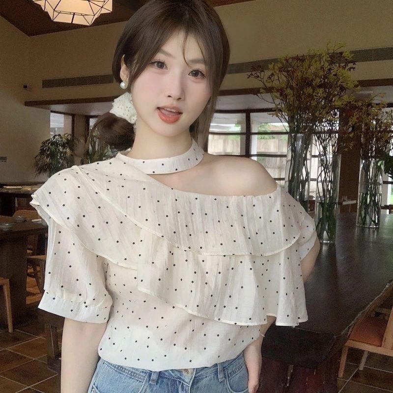 Summer loose and sweet temperament top simple polka dot off-the-shoulder ruffle edge neck shirt women's chiffon shirt short sleeve summer