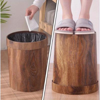 Wood Grain Trash Can Container for Home Waste Garbage Plastic Holder Uncovered Bin