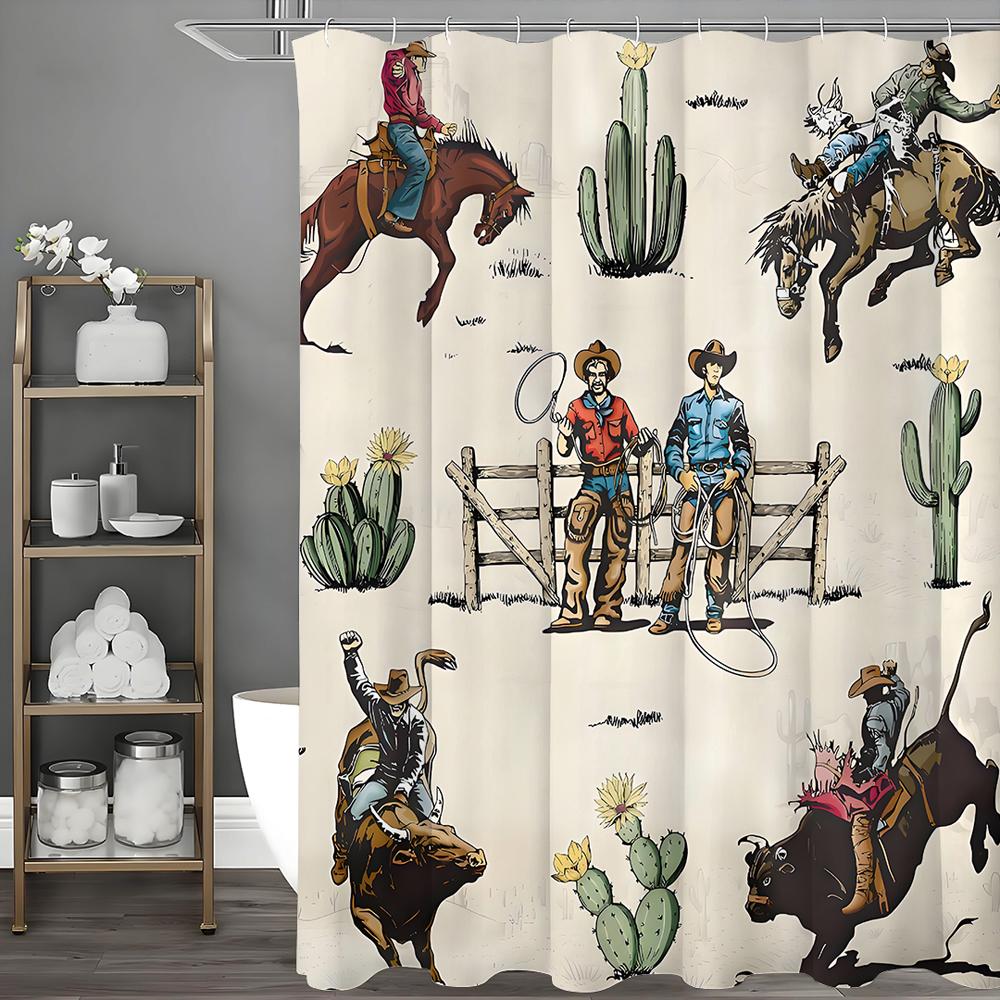 Western Cowboy Shower Curtain, American Wild West Cowboy Horseback Riding, Cattle, Desert Cactus, Rodeo, Ranch Bathroom Decorati