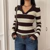 2026 Autumn/Winter Women's Retro Striped Knitted Long Sleeve Sweater with Lapel