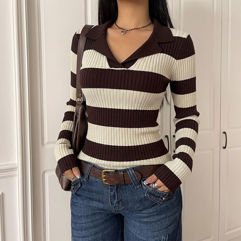 2026 Autumn/Winter Women's Retro Striped Knitted Long Sleeve Sweater with Lapel